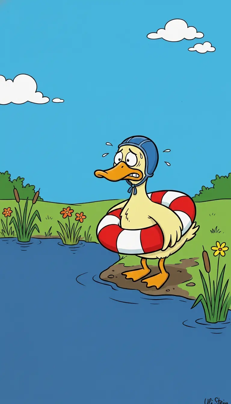 Anxious cartoon duck by a pond with flowers