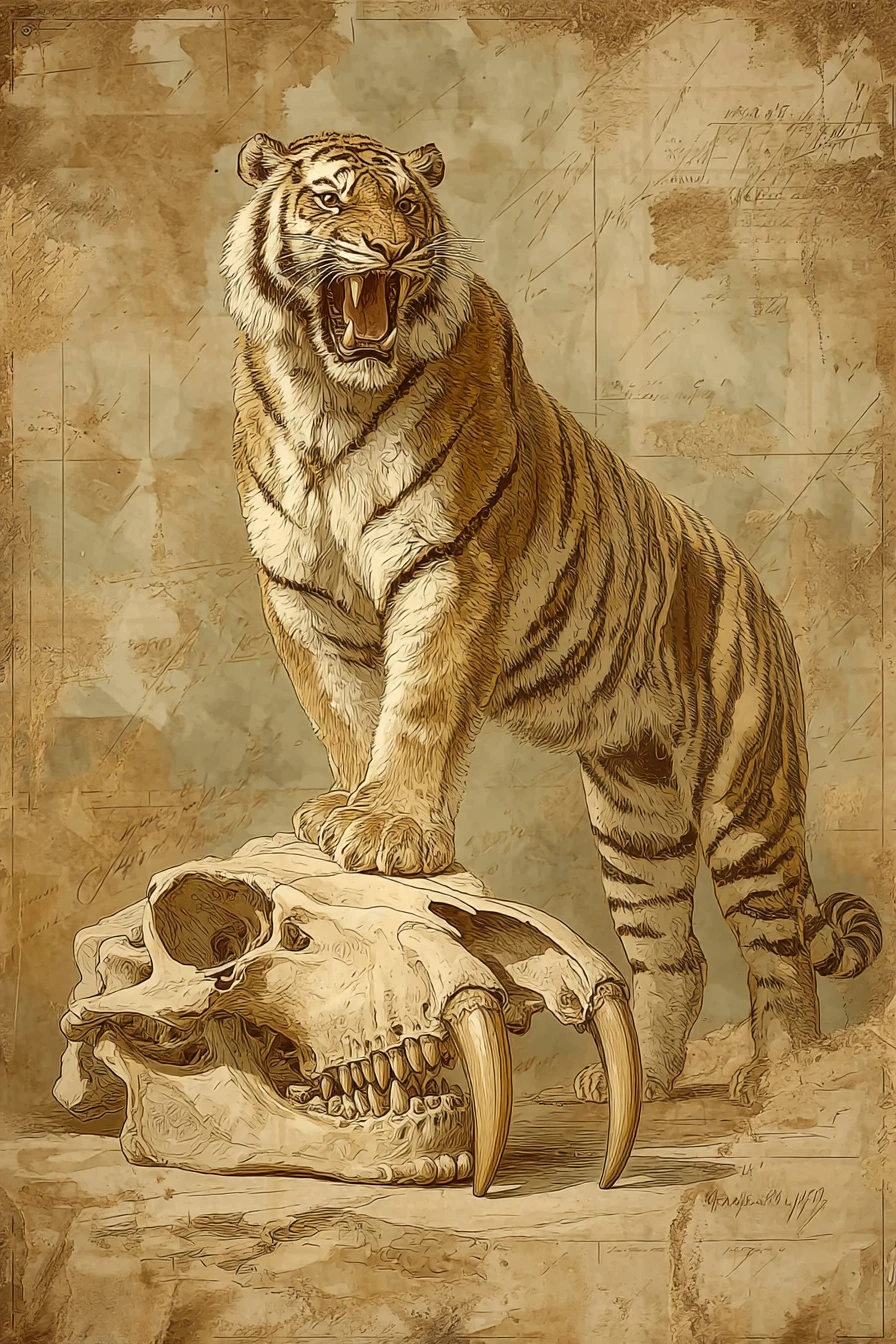 Roaring Tiger Over Ancient Saber Toothed Skull Illustration