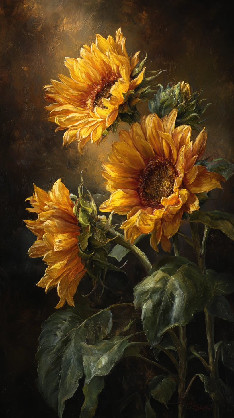 Pintura al óleo realista de girasoles en una atmósfera de crepúsculo dramático