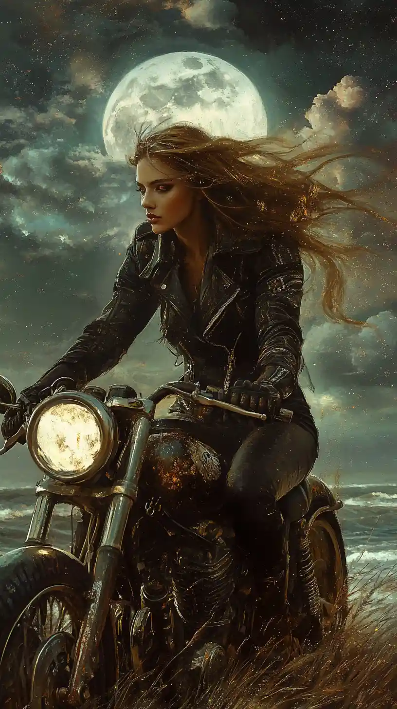 Biker rocker woman on a moonlit beach at dusk portrait
