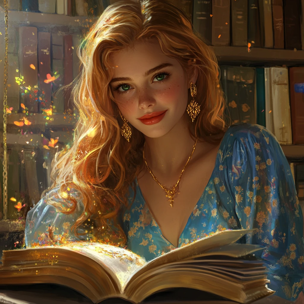 Mujer rubia leyendo en una escena romántica de biblioteca