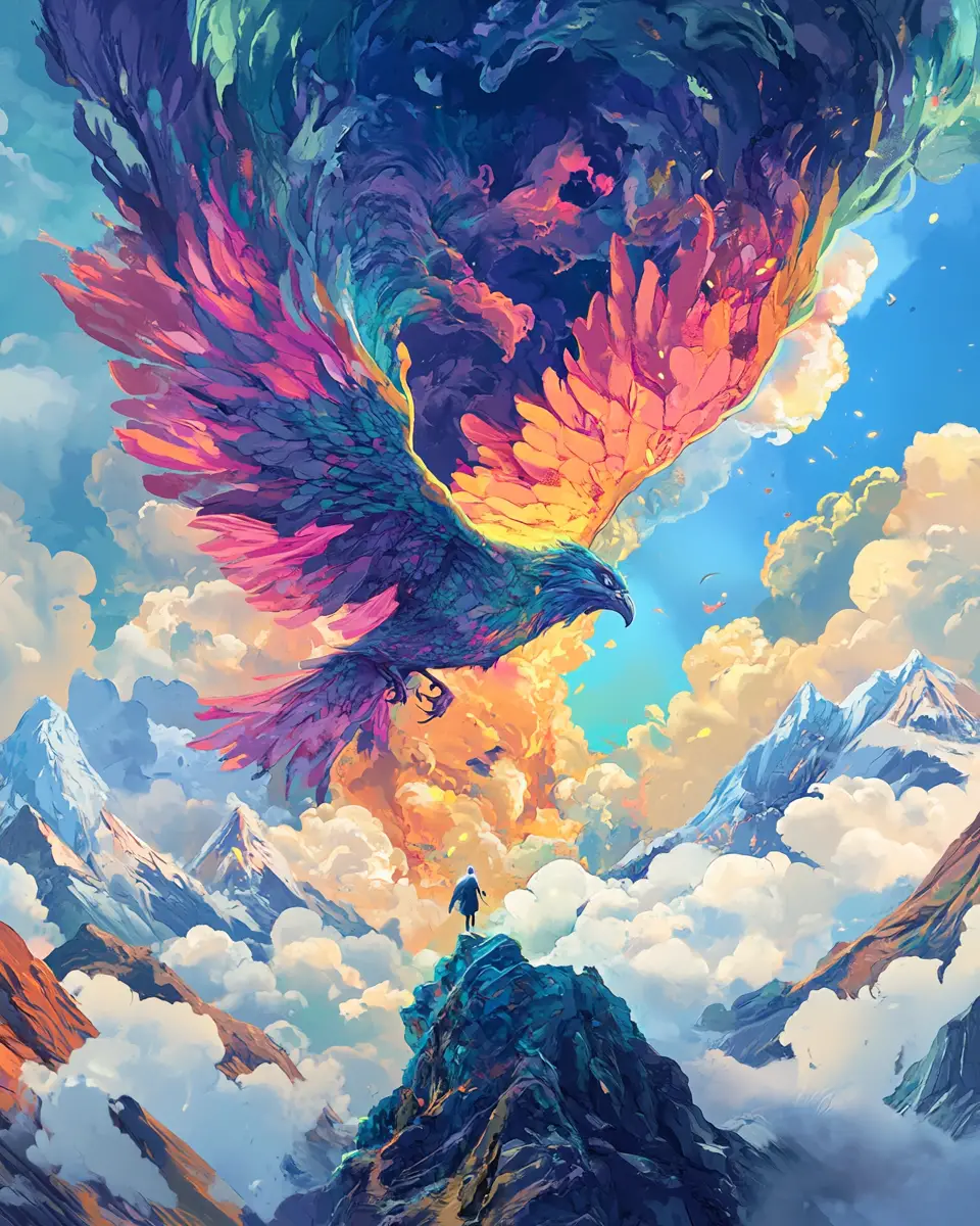 Surreal digital illustration of an inner struggle in blue skies