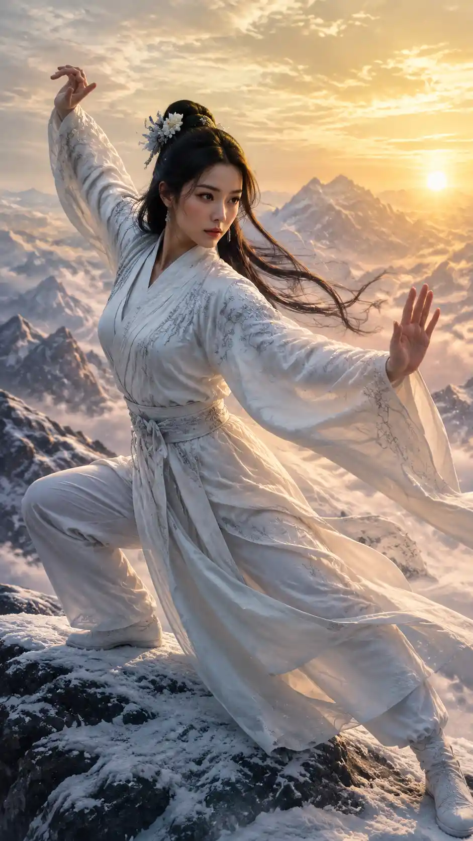 Martial artist woman on snowy mountain at golden hour