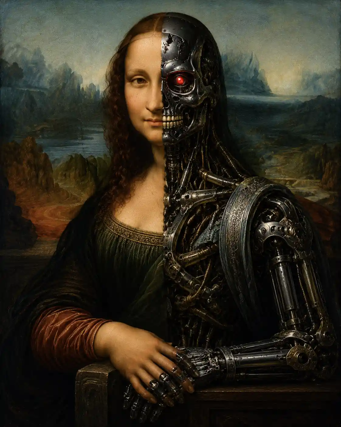 Half human half cyborg woman in classical oil portrait