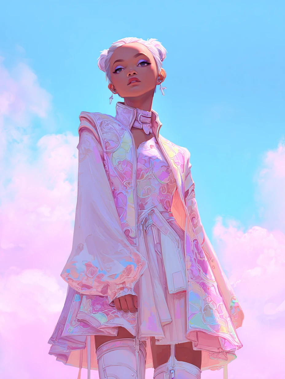 Arte de fantasía en tonos pastel vibrantes, lleno de euforia alegre