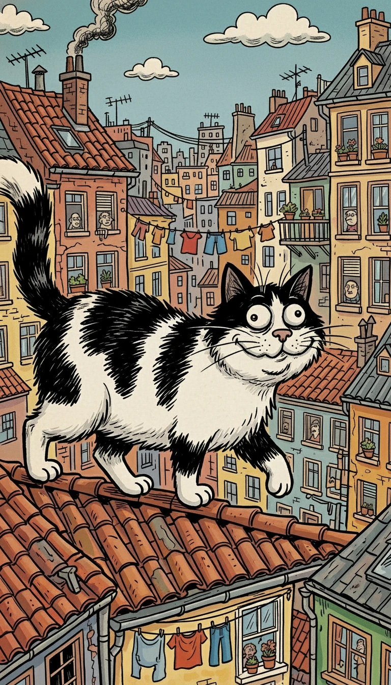 Cheeky cartoon cat walking along colorful city rooftops