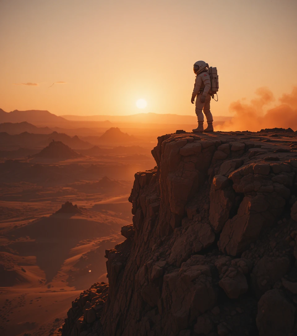 Astronaut Silhouette On Red Desert Cliff At Golden Hour