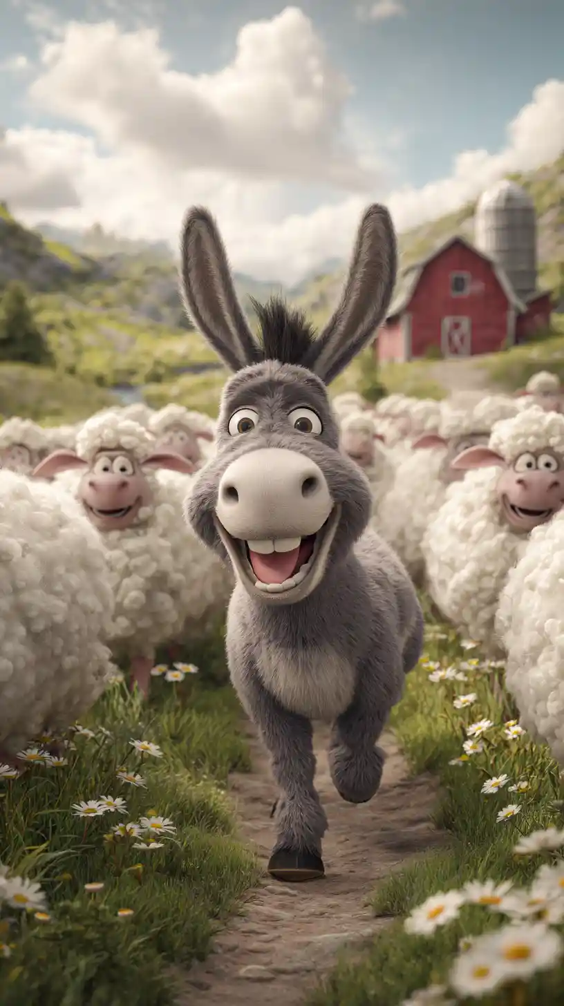 Smiling donkey leading happy sheep on a green farm path