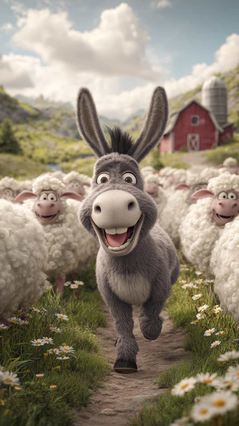 Burro sonriente guiando ovejas felices por un sendero verde en la granja