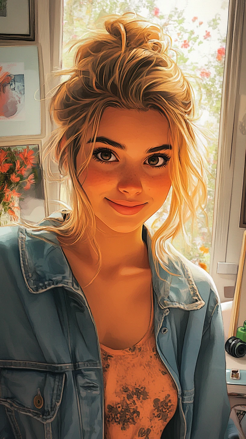 Joven mujer alegre en estudio ilustrado en acuarela