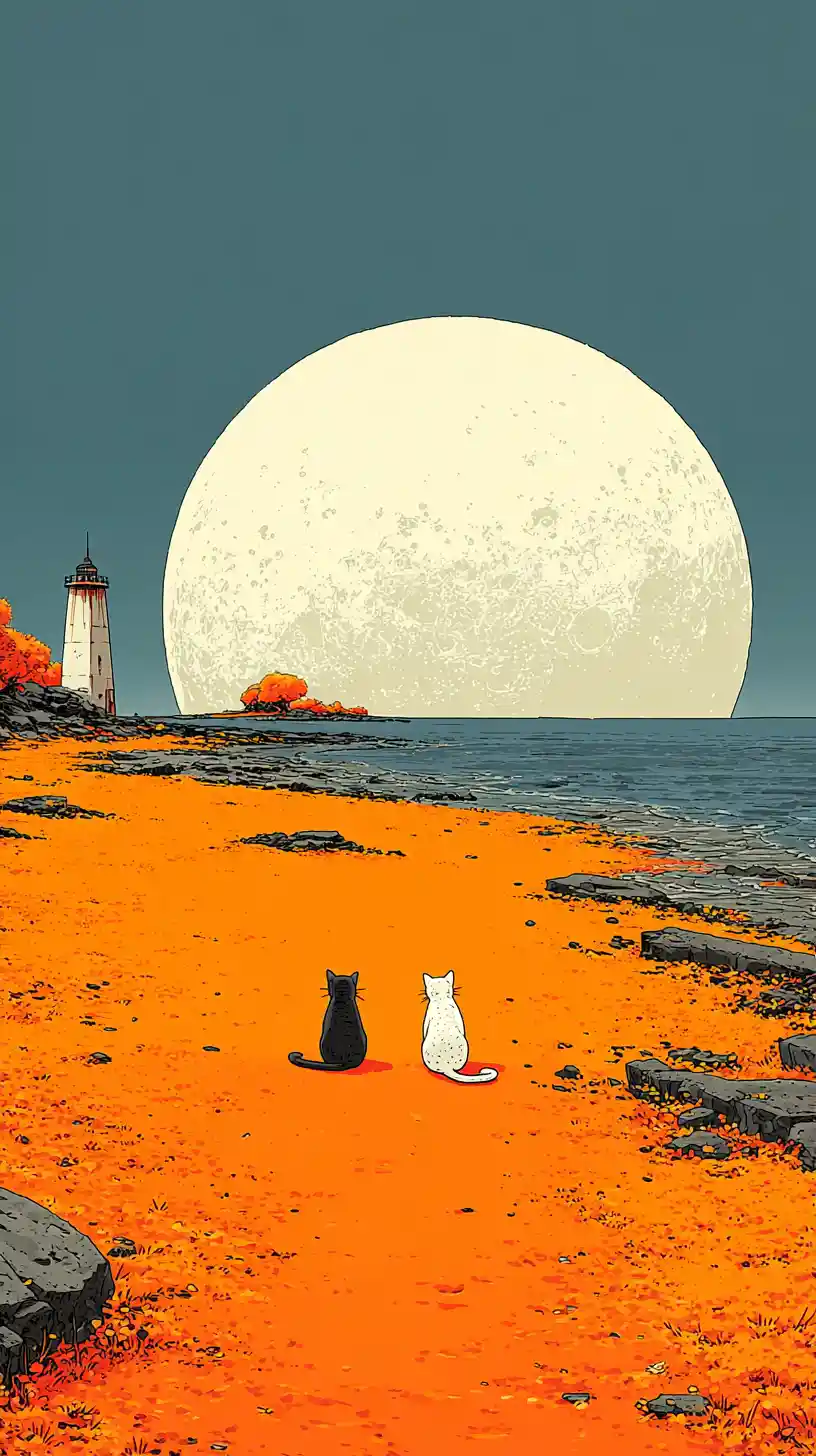 Zwei Katzen beobachten einen riesigen Mond über dem Meer