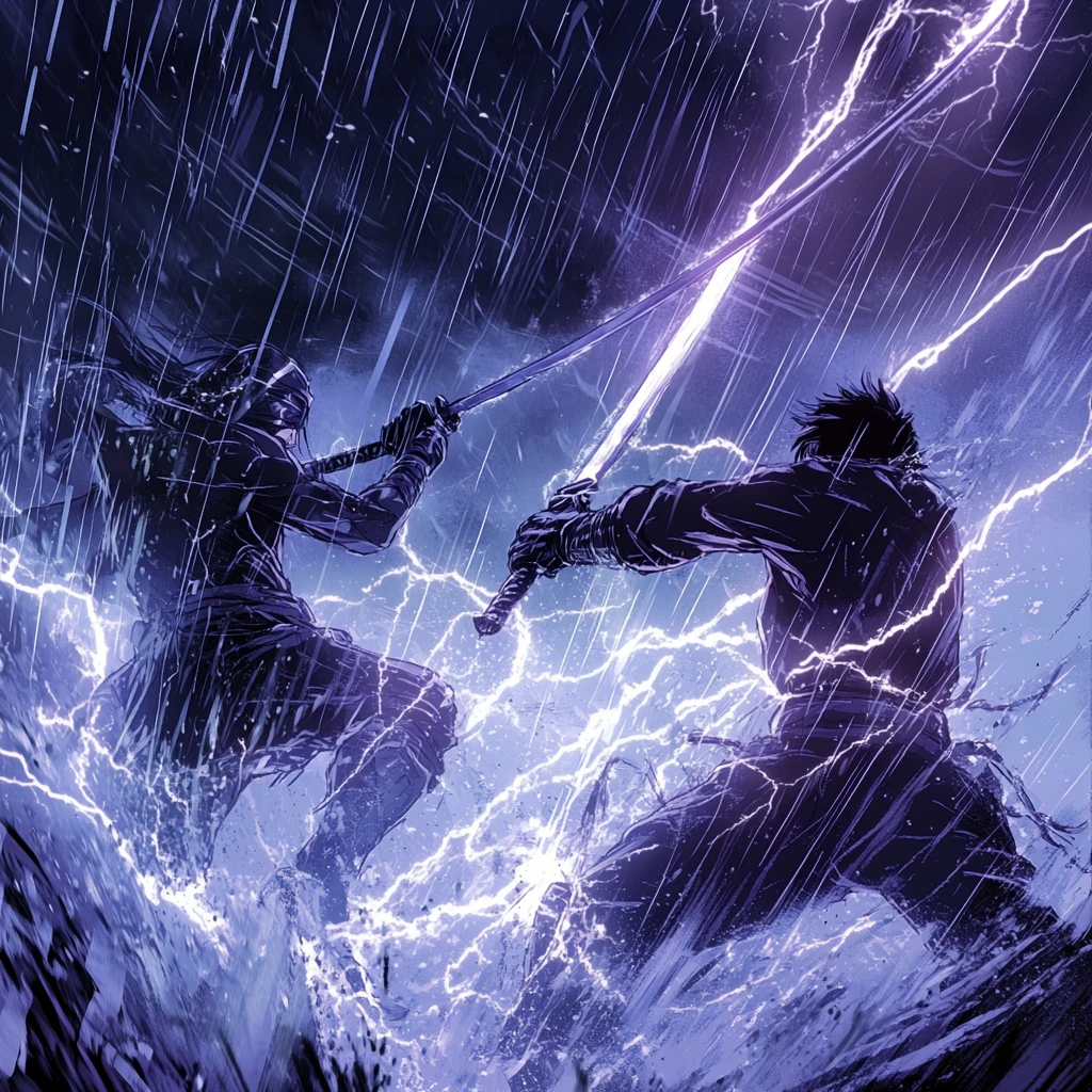 Two anime warriors clash swords in a stormy lightning battle