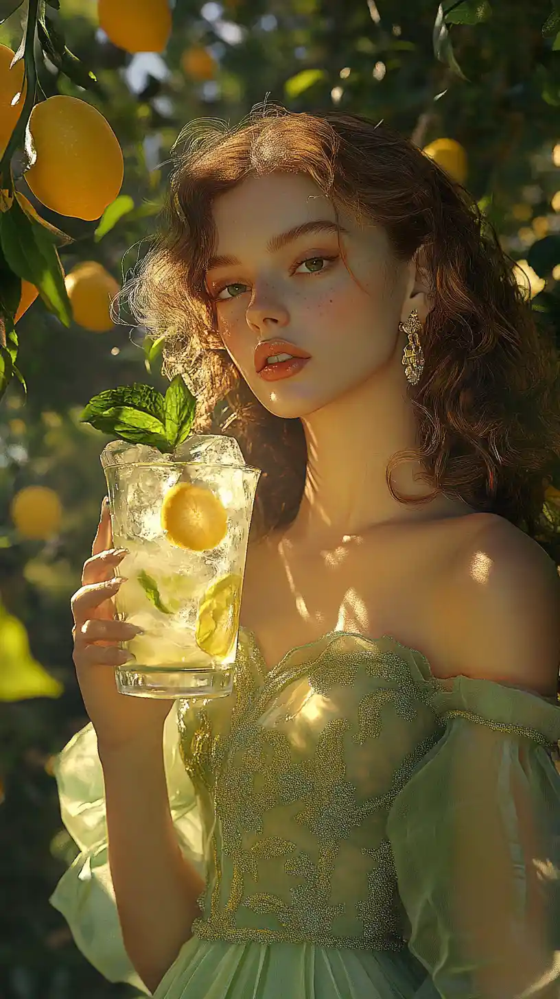 Elegant woman with lemonade in a sunlit citrus garden