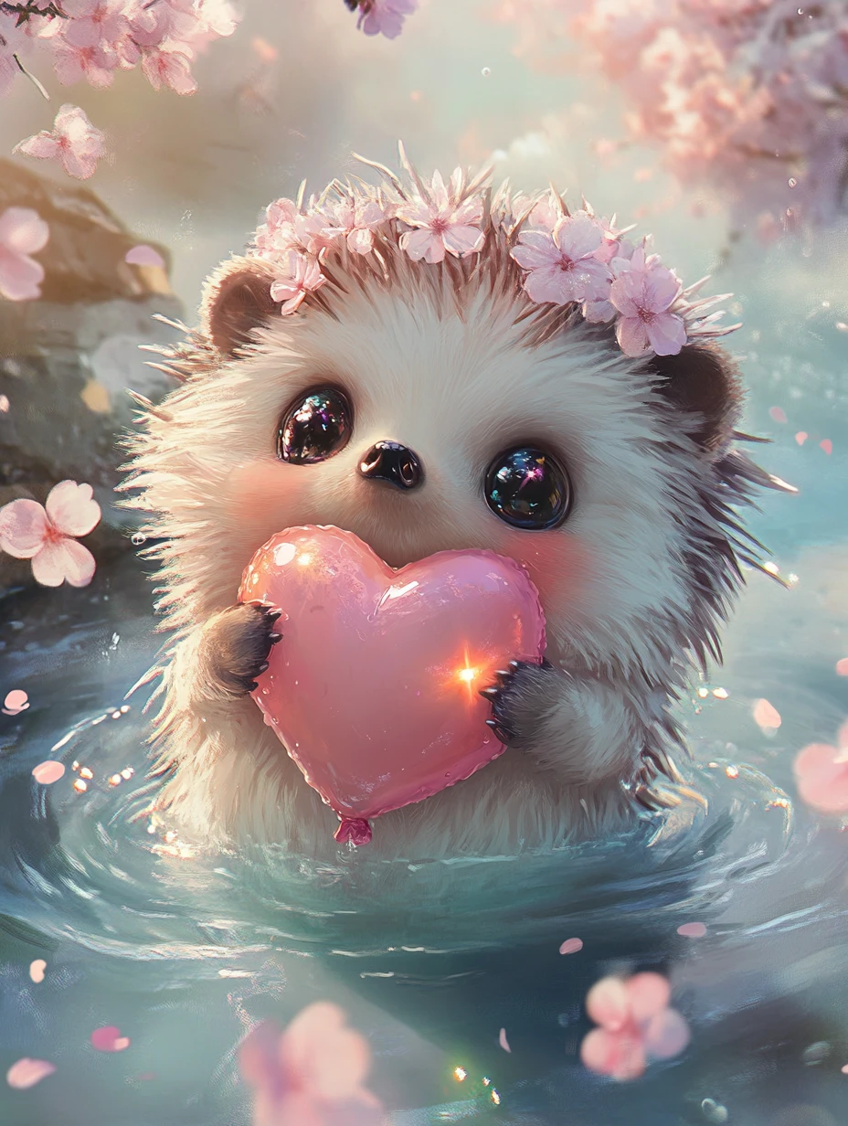 Adorable bebé erizo abrazando un globo en forma de corazón en acuarela
