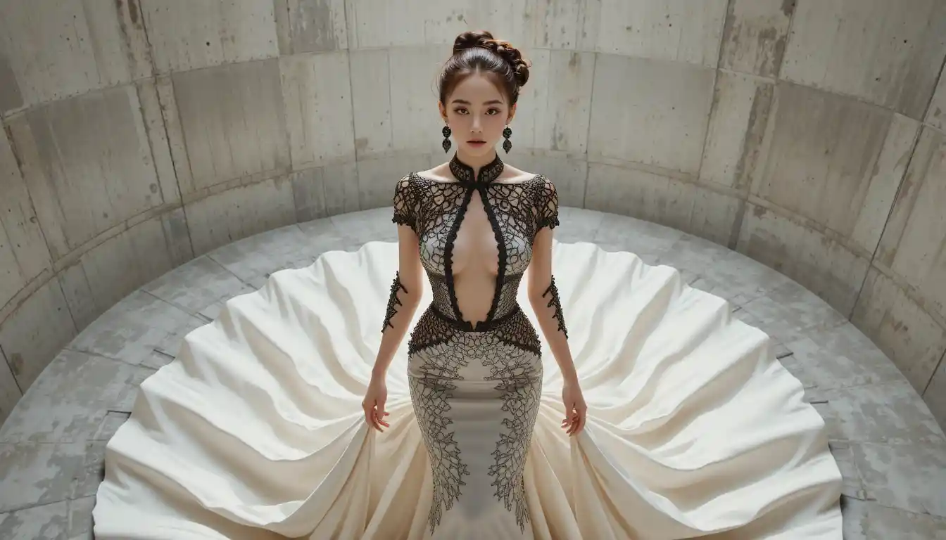 Korean woman in geometric couture gown seen from above