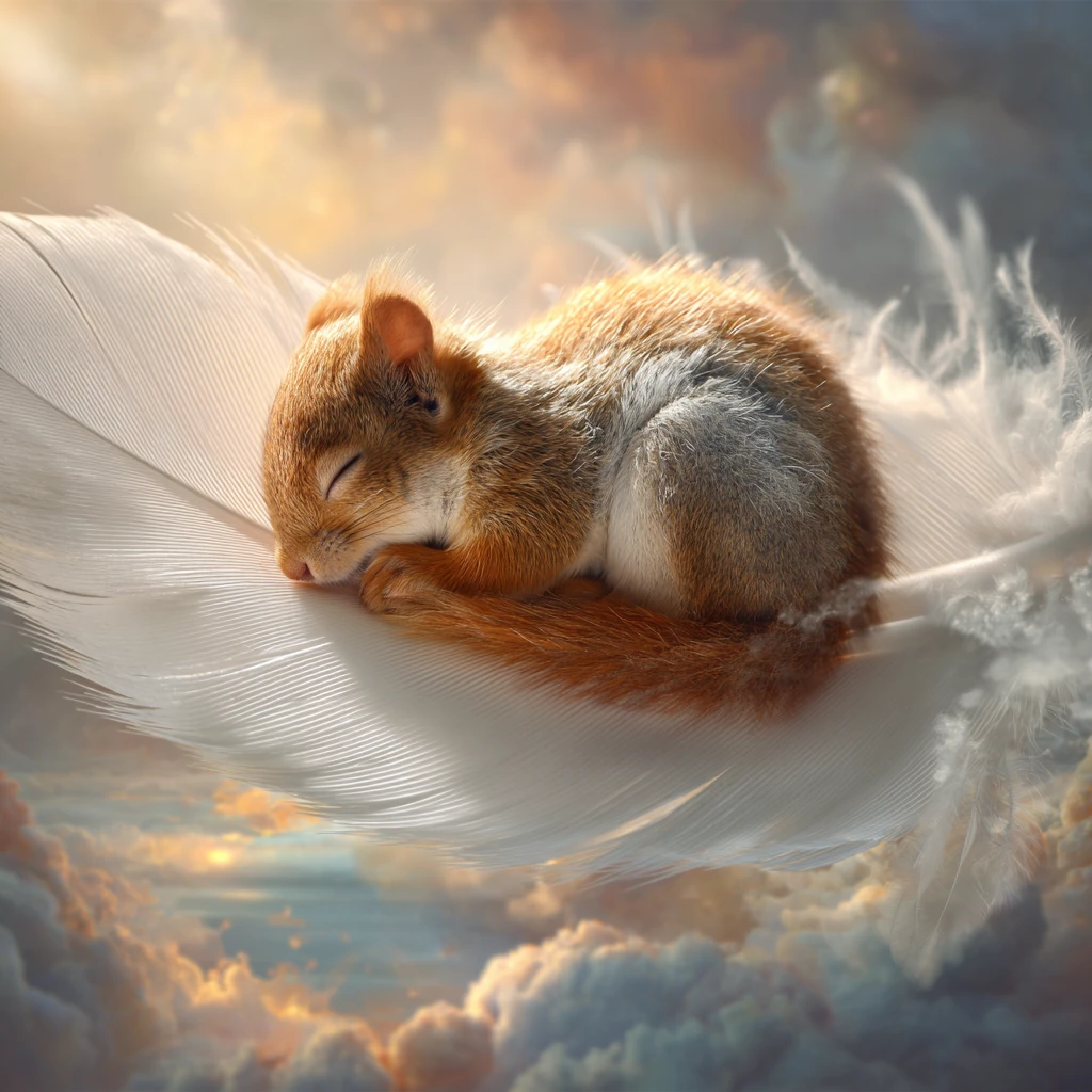 Pequeña ardilla dormida sobre una pluma blanca en el cielo