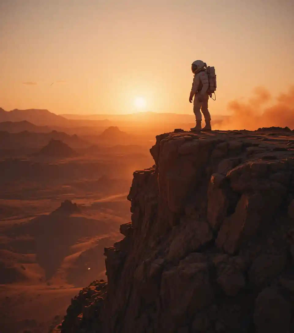 Astronaut Silhouette On Red Desert Cliff At Golden Hour