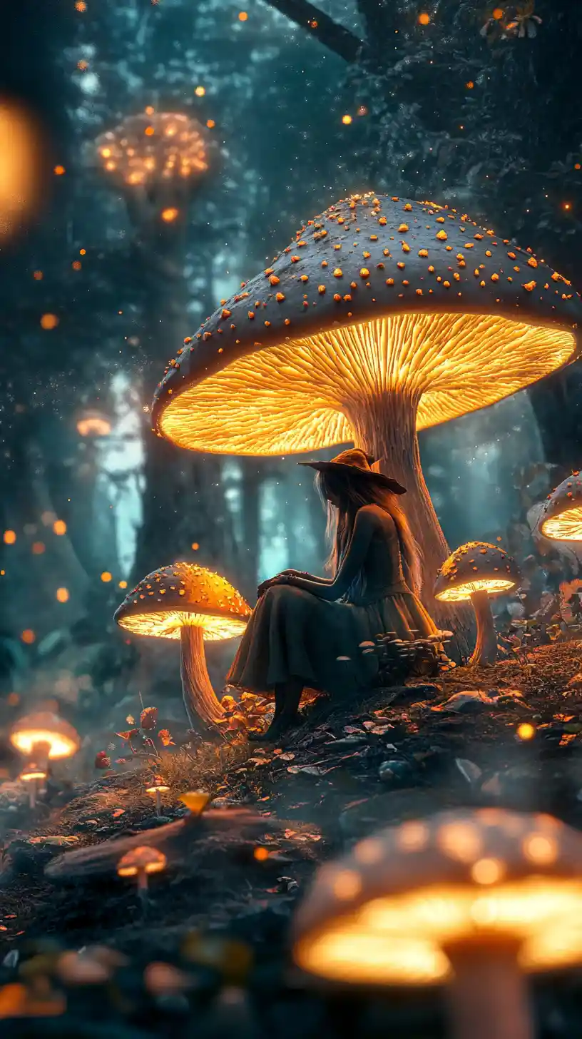 Forest witch resting among glowing mushrooms in moonlight
