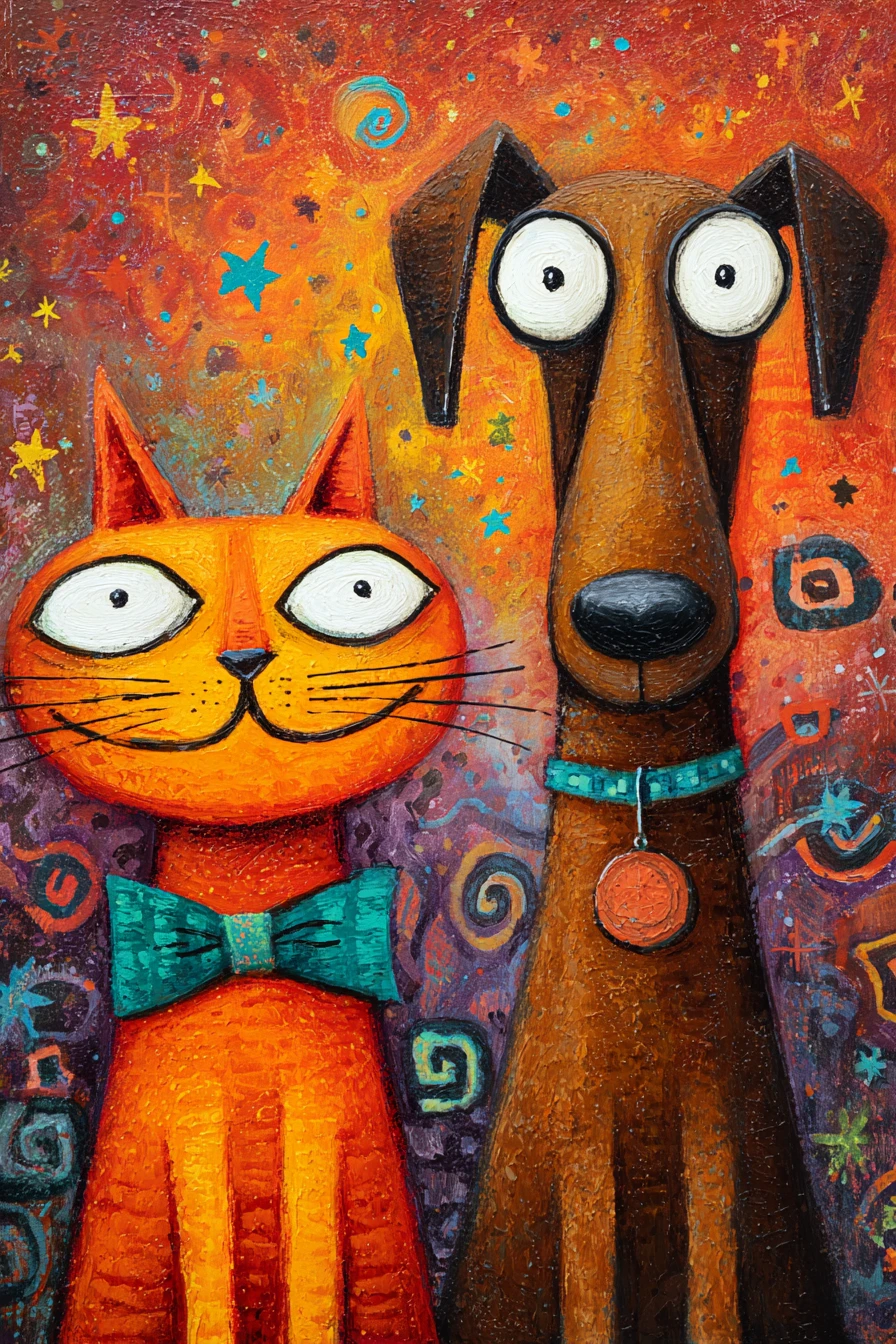 Gato y perro naranjas llenos de fantasía en una escena estrellada