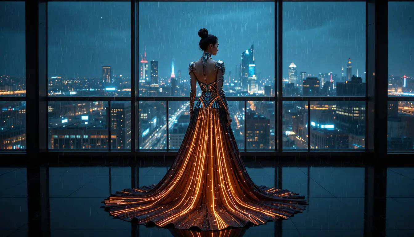 Cyberpunk woman in luminous gown overlooking rainy city