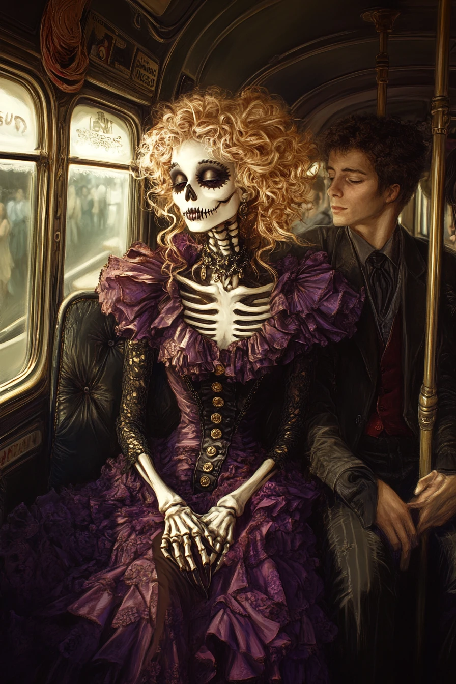 Spooky Skeleton Chick In Violet Dress On Gothic Bus