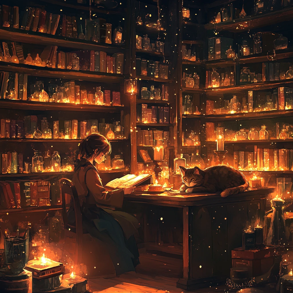 Young witch reading in a cozy anime magic shop