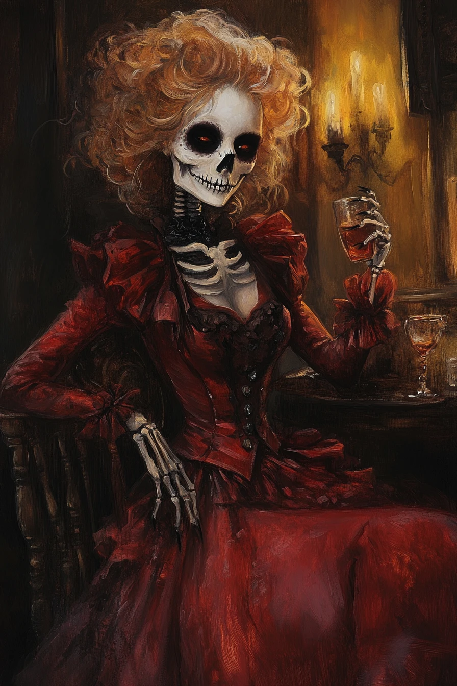 Skeleton chick in red dress relaxing in gothic room