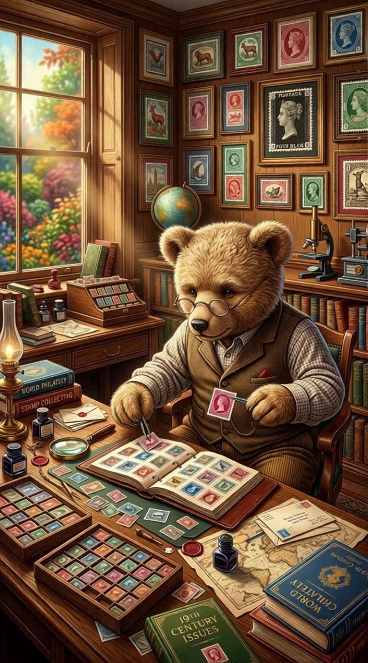 Profesor oso de peluche ordenando sellos de colores en un estudio