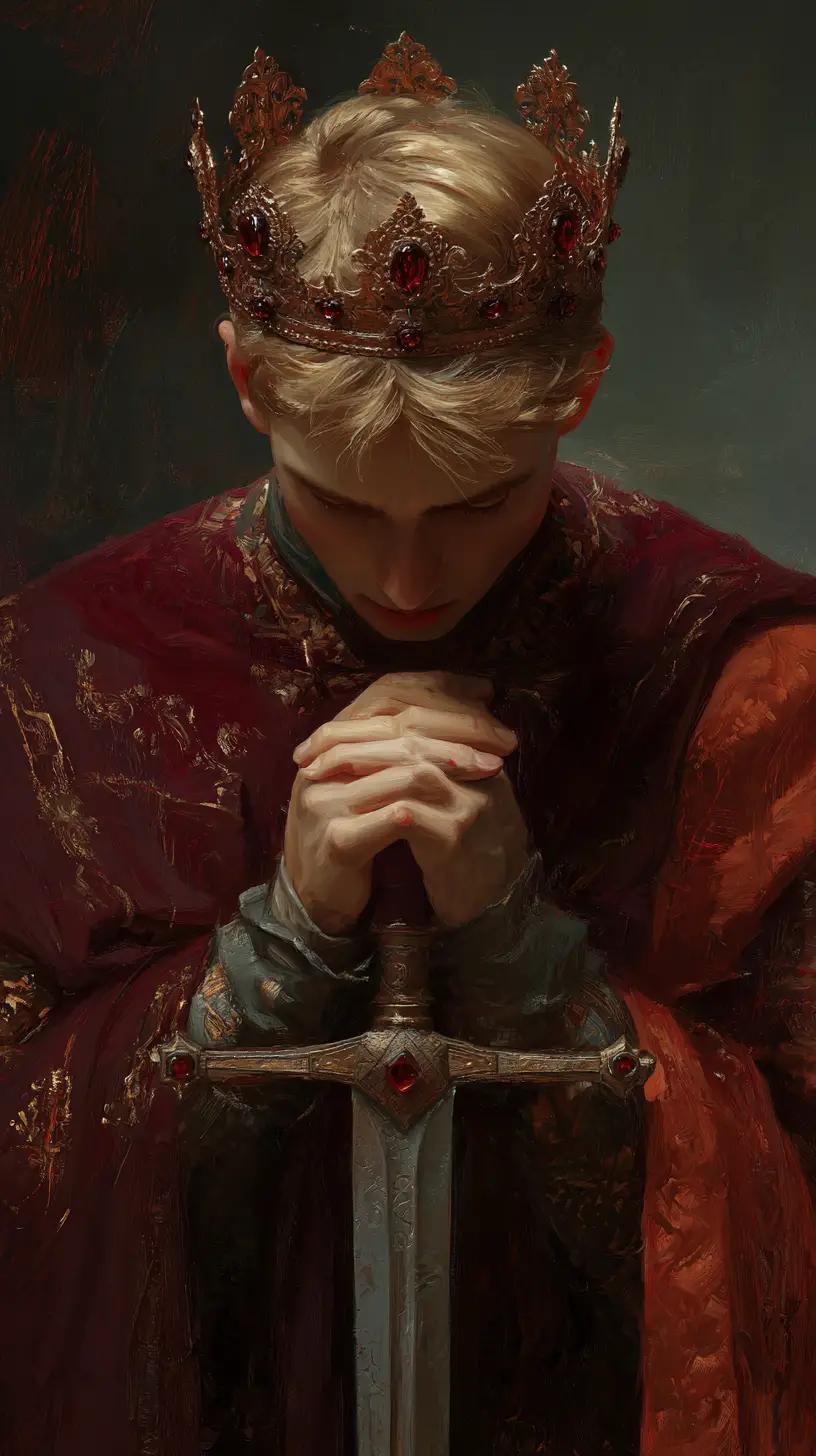 Young king in solemn prayer with ceremonial sword