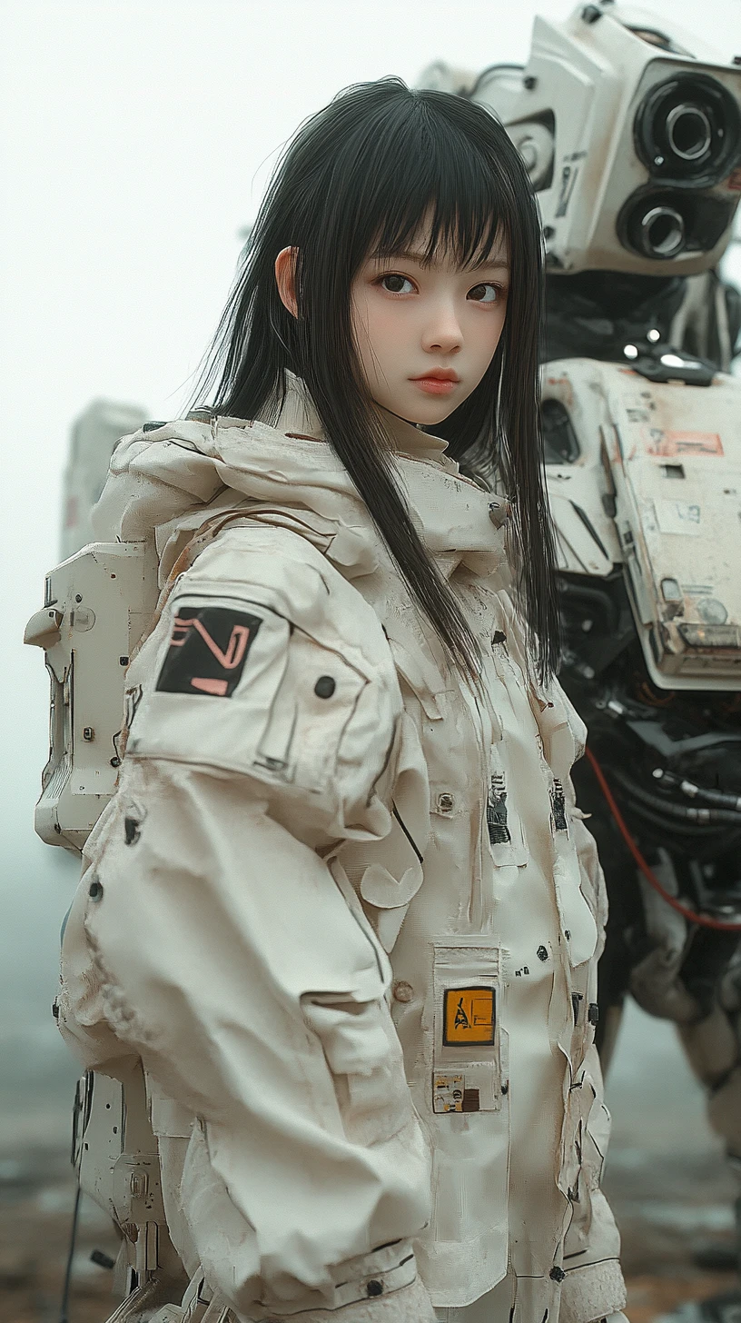 Chica con abrigo futurista junto a un mecha guardián