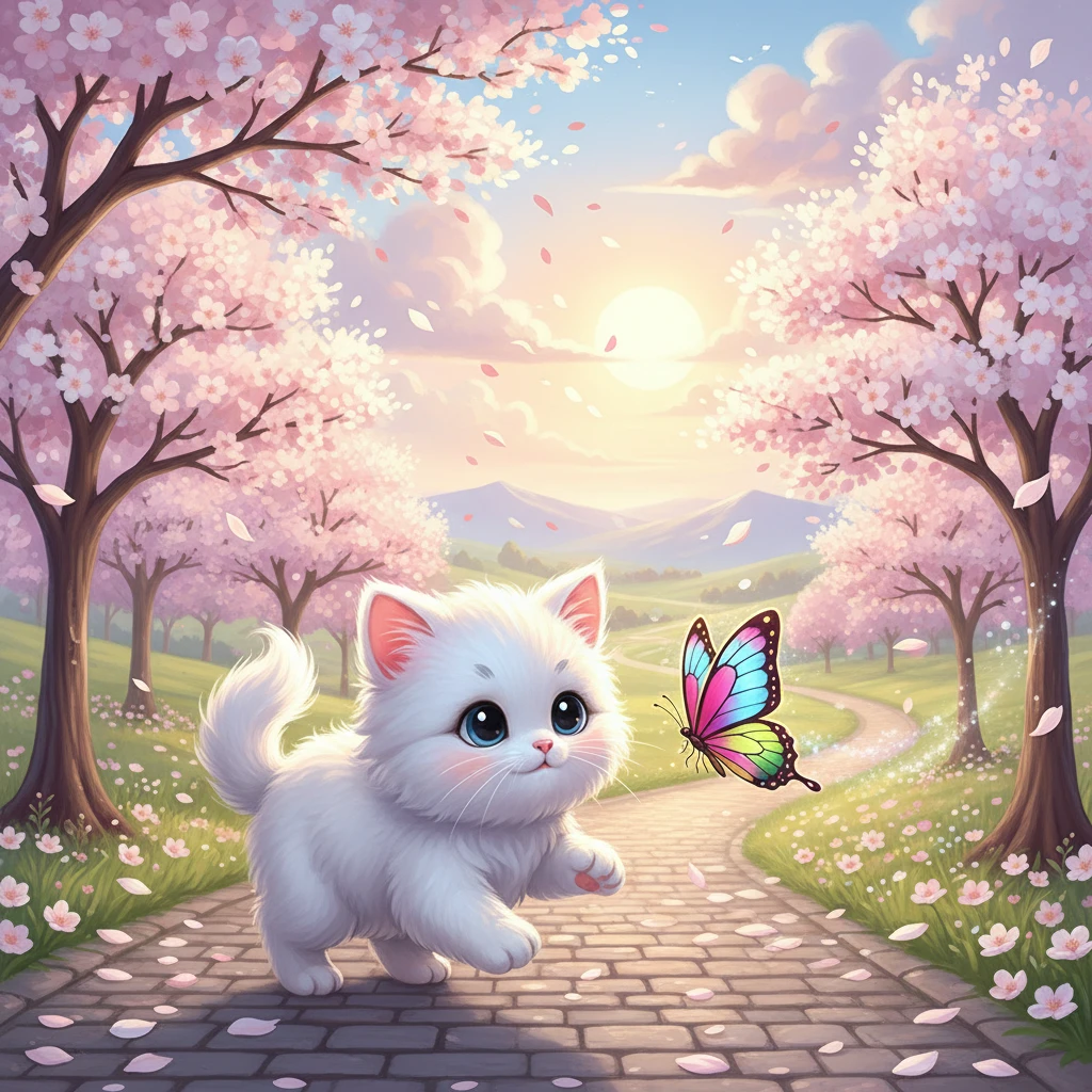 Adorable gatito blanco de dibujos animados persiguiendo una mariposa colorida