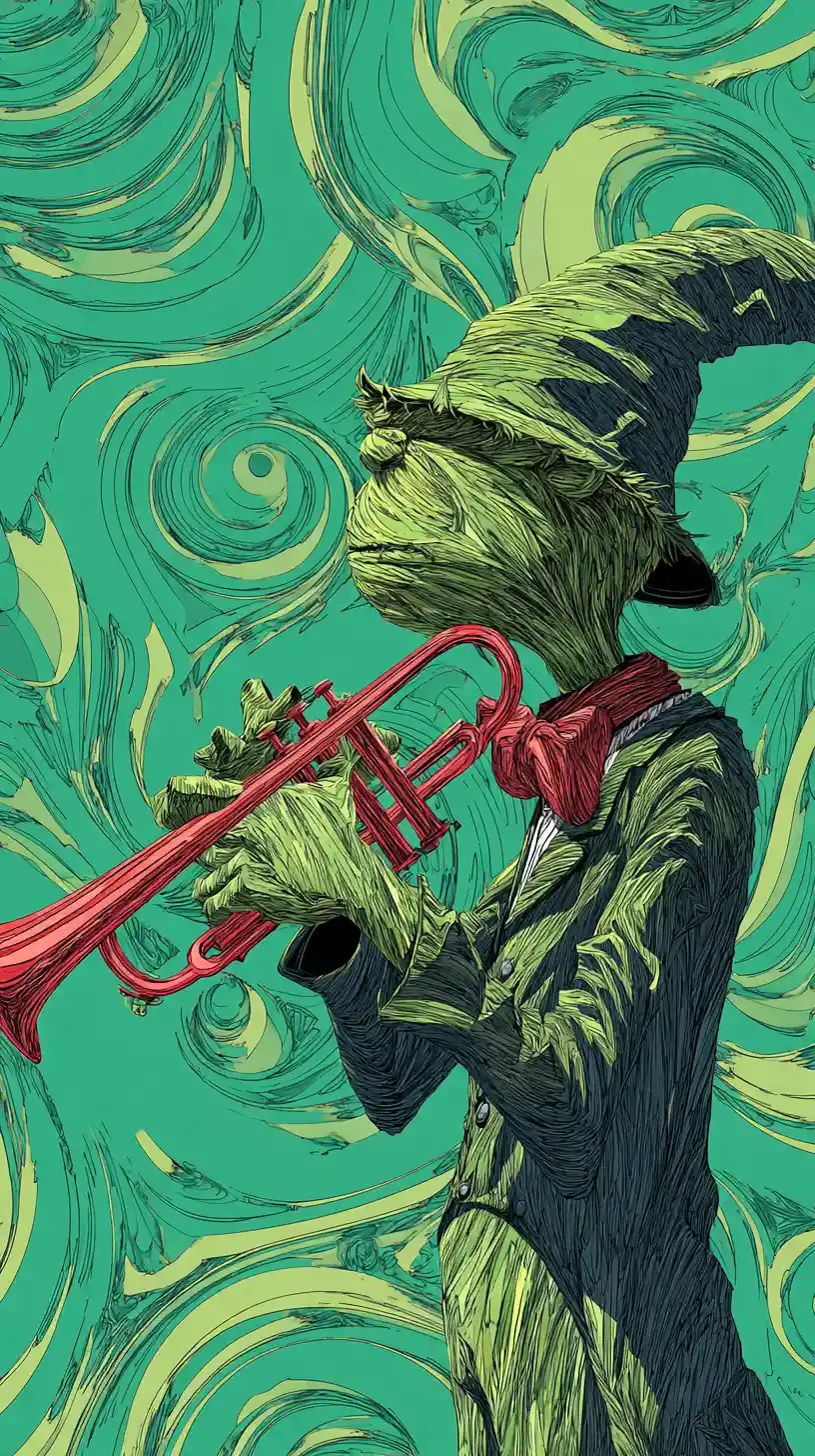 A French horn contrasted with powerful criminal figures