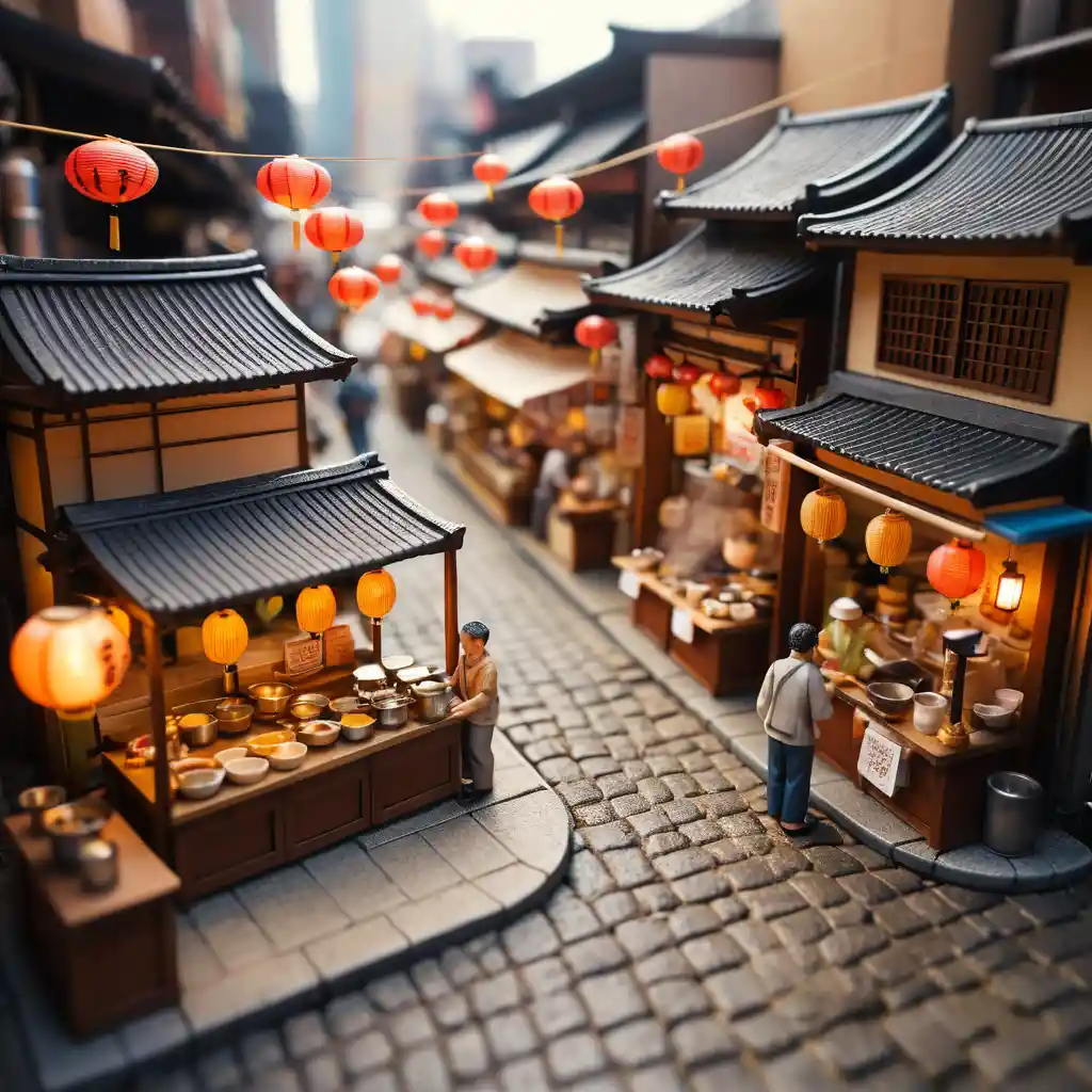 Miniature Japanese market street with ramen and fish stalls