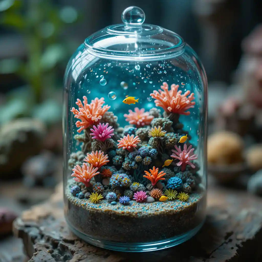 Miniature coral reef preserved inside a vintage glass jar