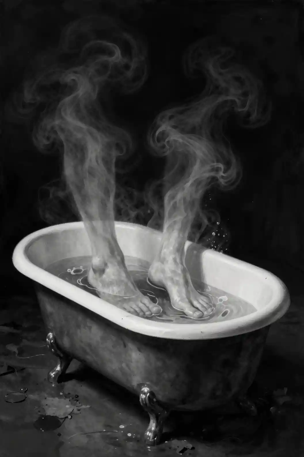 Ghostly feet in claw foot bathtub with rising steam