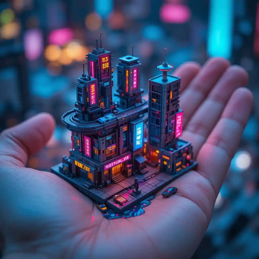 Futuristic miniature city block cradled in a human hand