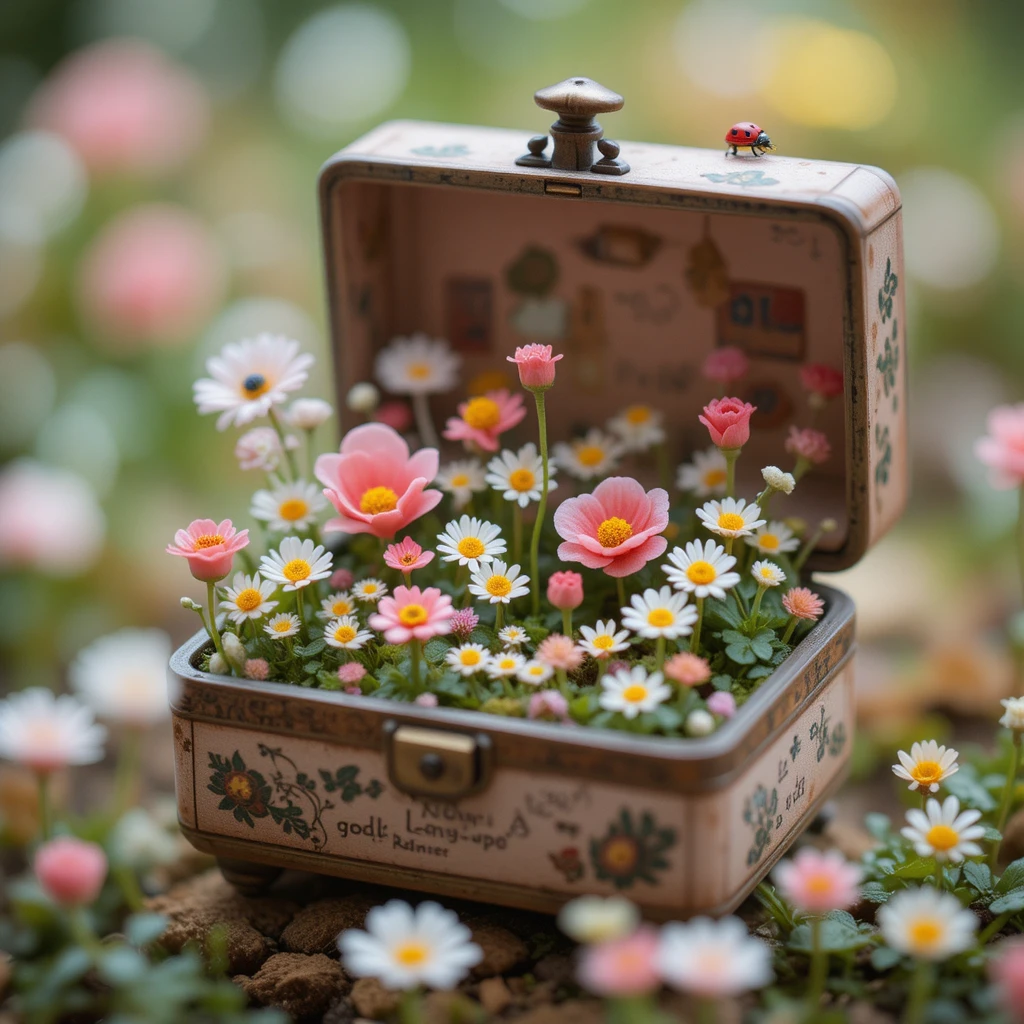 Tiny wildflower meadow inside an open vintage music box