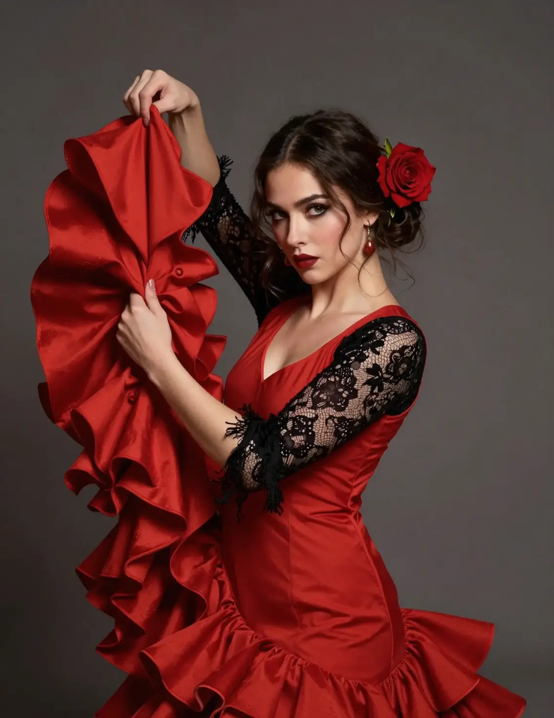 Flamencotänzerin im roten Kleid mit Rose und Spitzenärmeln