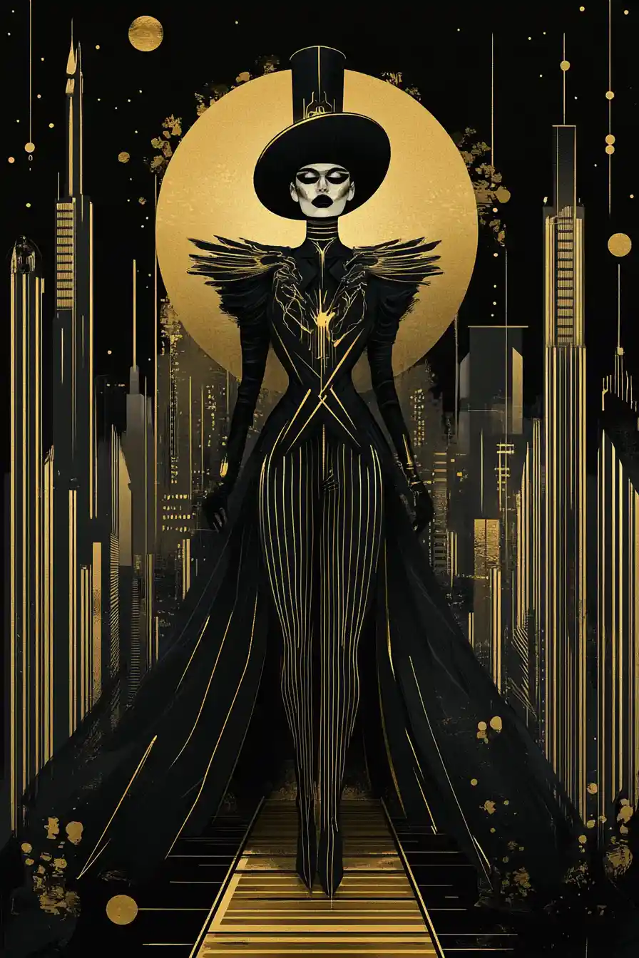 Tall woman in gold striped suit on futuristic city street