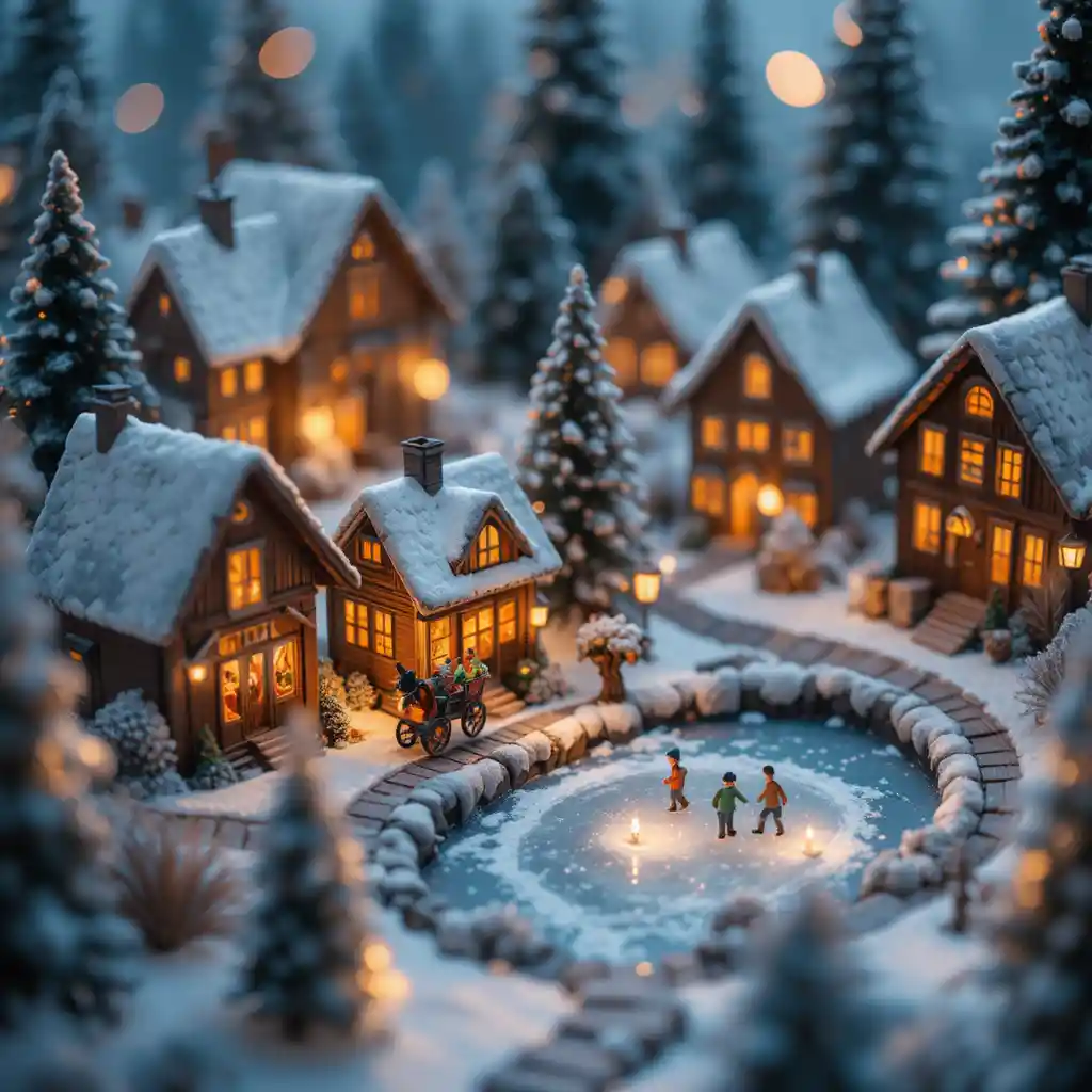 Miniature Christmas village in snow with warm glowing cabins