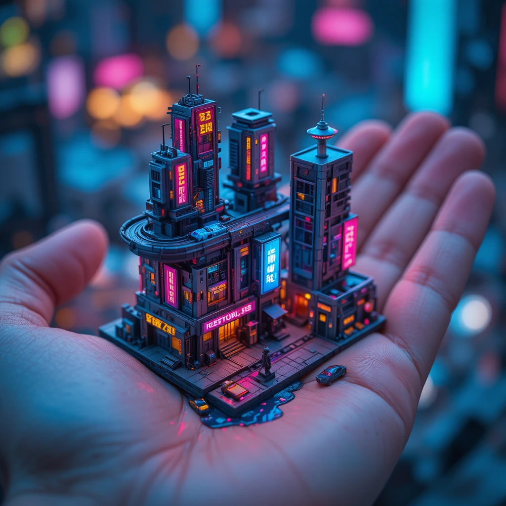 Futuristic miniature city block cradled in a human hand
