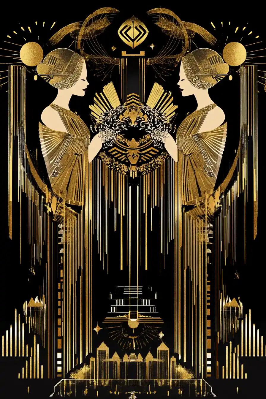 Symmetrical Art Deco women framing a golden ornamental motif