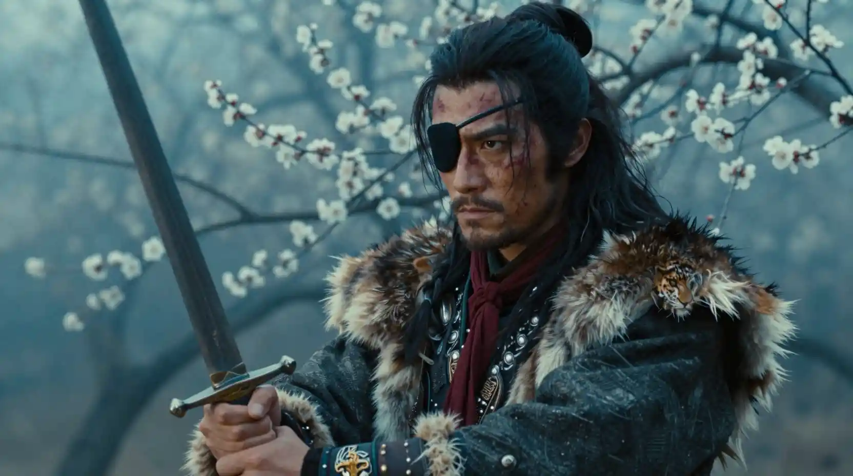 One eyed warrior gripping a sword in misty forest