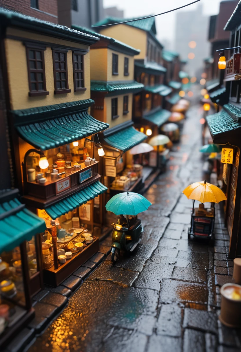 Tilt shift view of a tiny rainy alley diorama