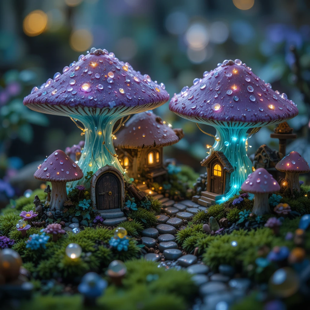 Enchanted Fairy Mushroom Village In Miniature Diorama View