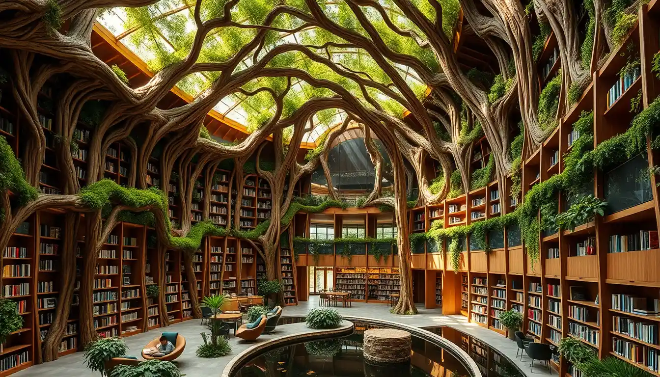 Biophilic library with organic wood shelves and skylight