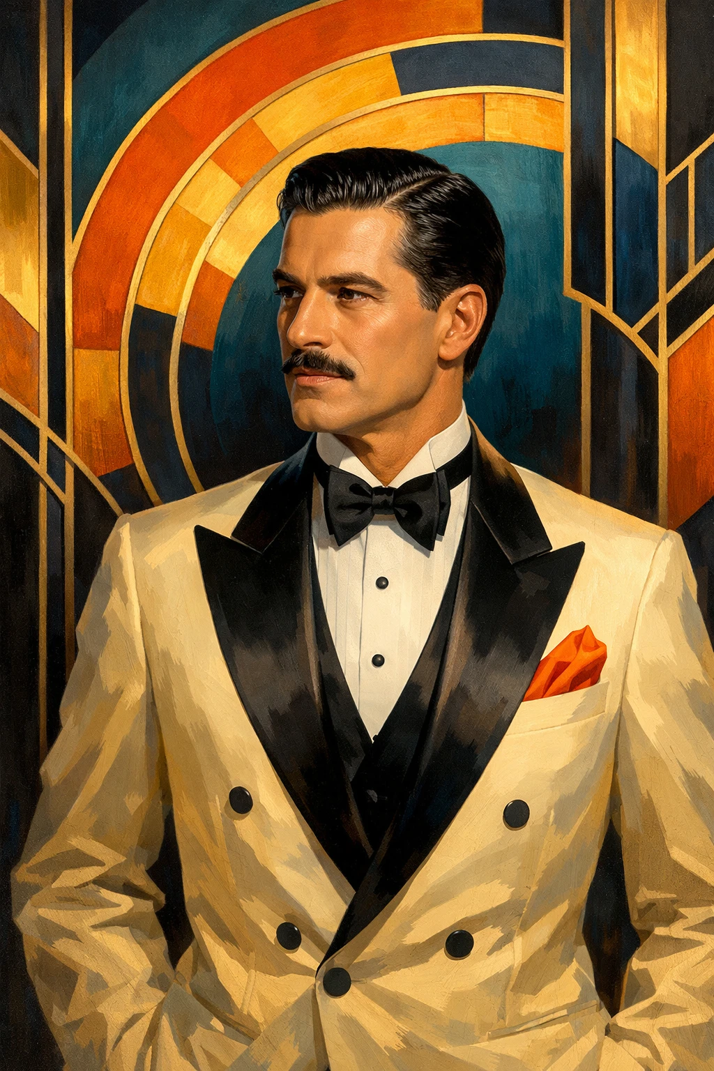 Elegant man in tuxedo against art deco abstract backdrop
