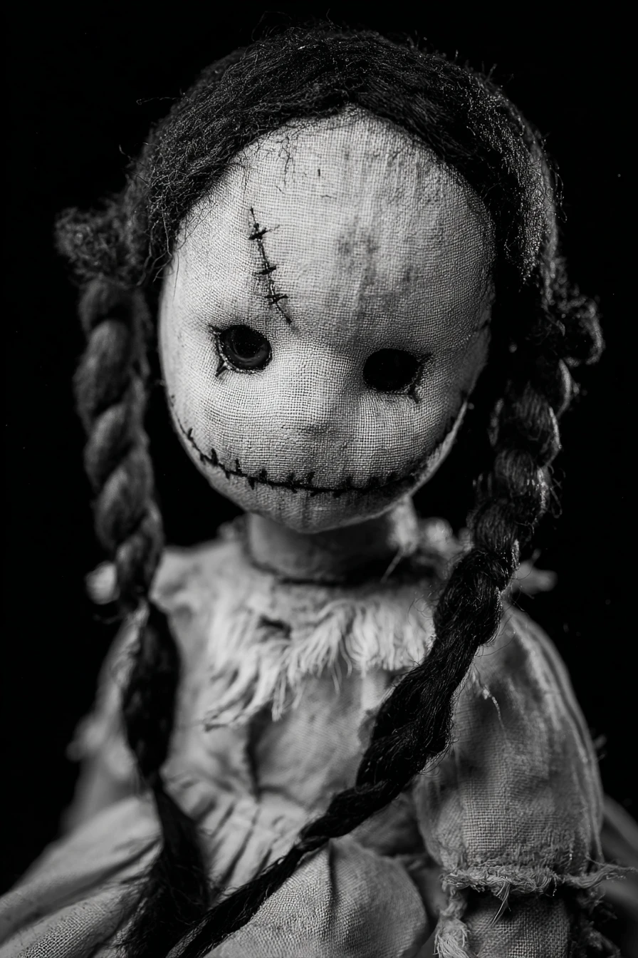 Creepy decaying doll in black and white close up