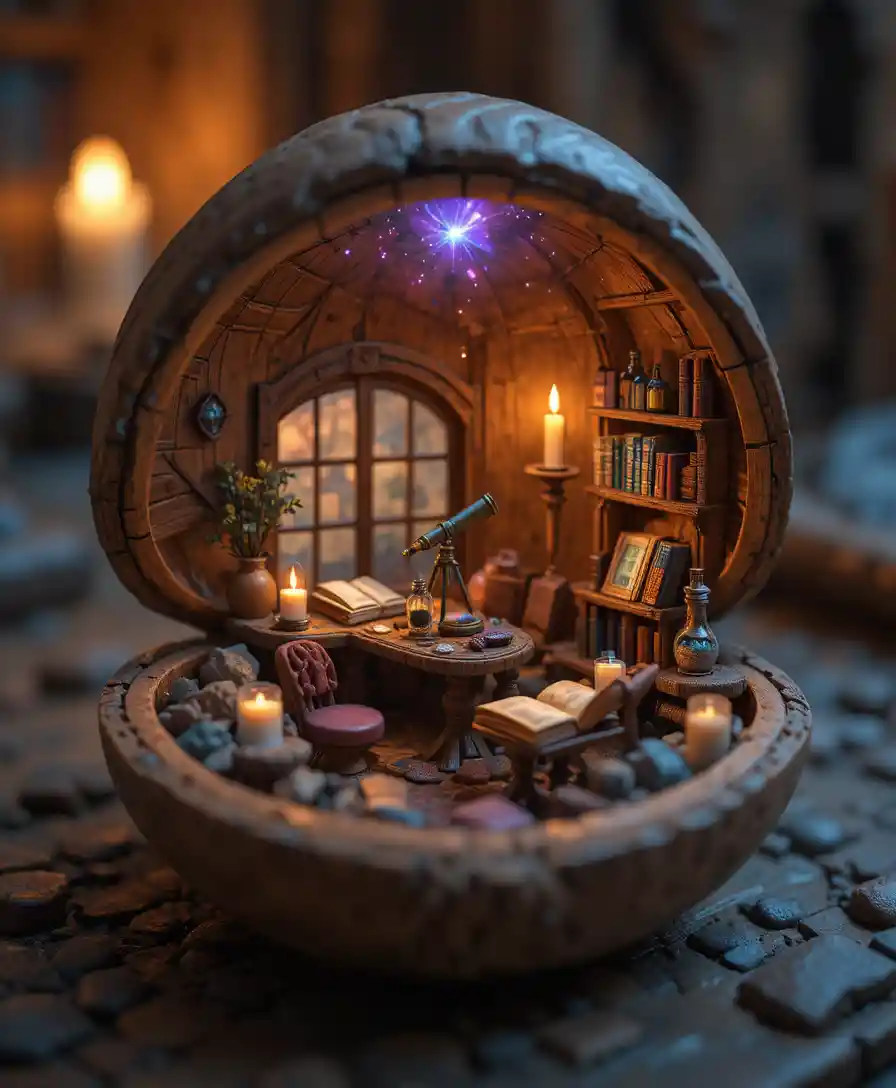 Miniature Wizard Study Room Inside A Walnut Shell