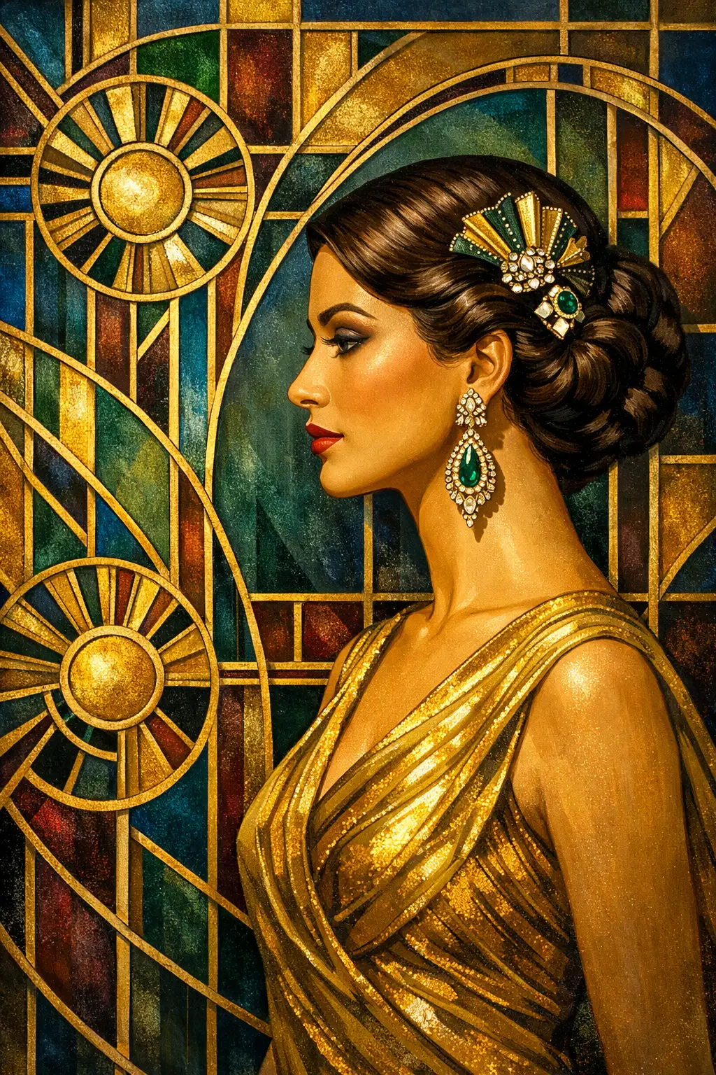 Ritratto Art Déco di una donna con abito dorato e orecchino